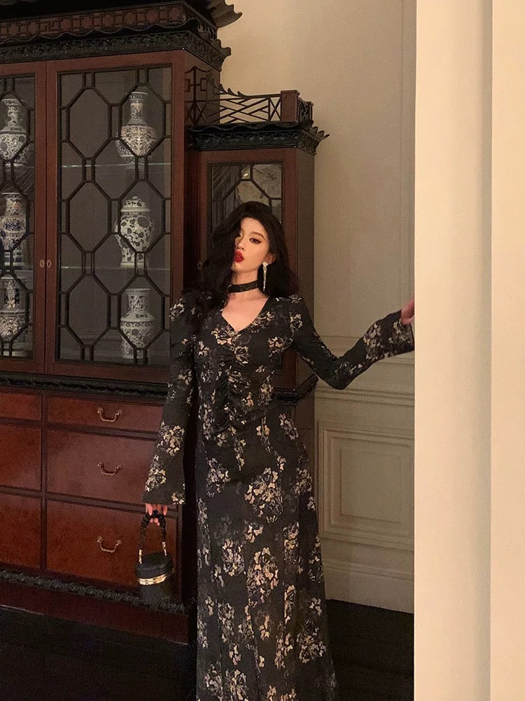 Pretty French A line Long Sleeves V Neckline Black Floral Prom Dresses Birthday Outfits