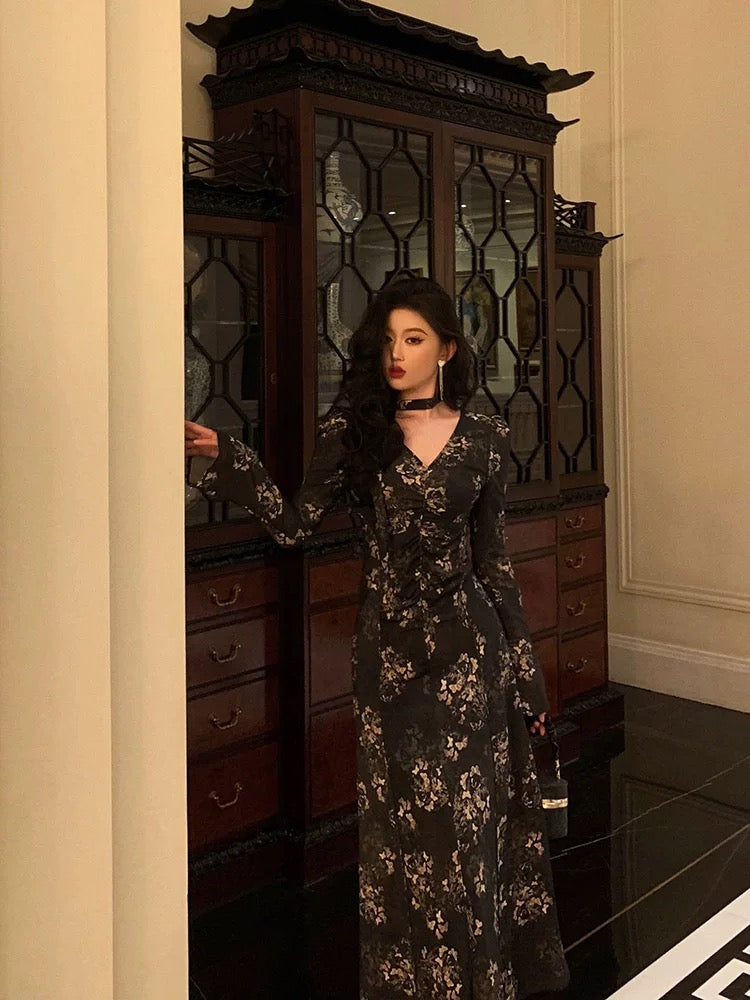 Pretty French A line Long Sleeves V Neckline Black Floral Prom Dresses Birthday Outfits