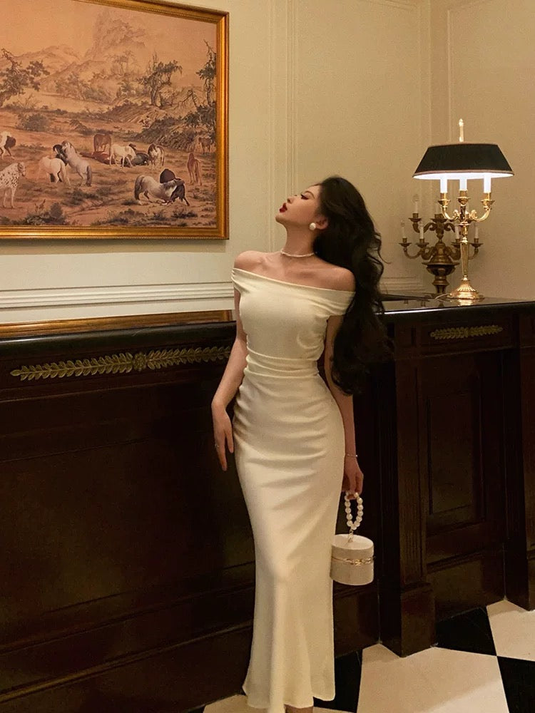 Simple Sheath Off The Shoulder White Satin Date Night Dress Prom Dresses Birthday Outfit