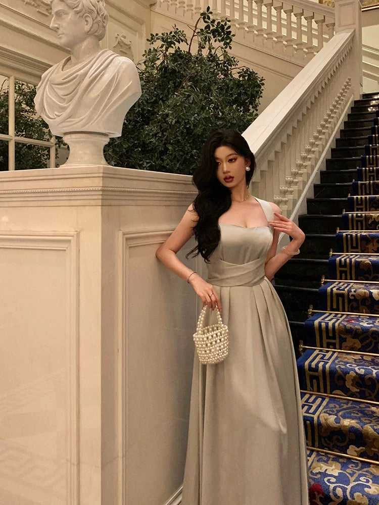 Gorgeous A line Straps Date Night Dress Dusty Gray Satin Prom Dresses Birthday Outfit