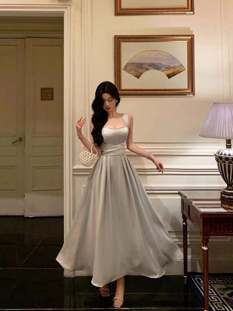 Gorgeous A line Straps Date Night Dress Dusty Gray Satin Prom Dresses Birthday Outfit