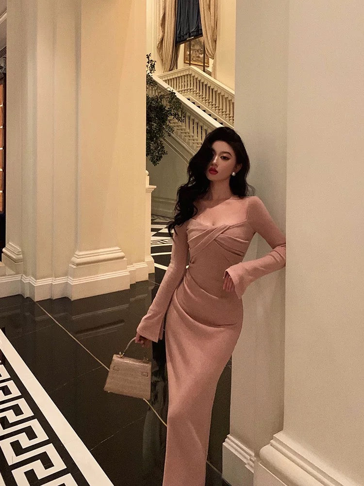Classy Sheath Square Neckline Long Sleeves Pink Prom Dresses Birthday Outfits