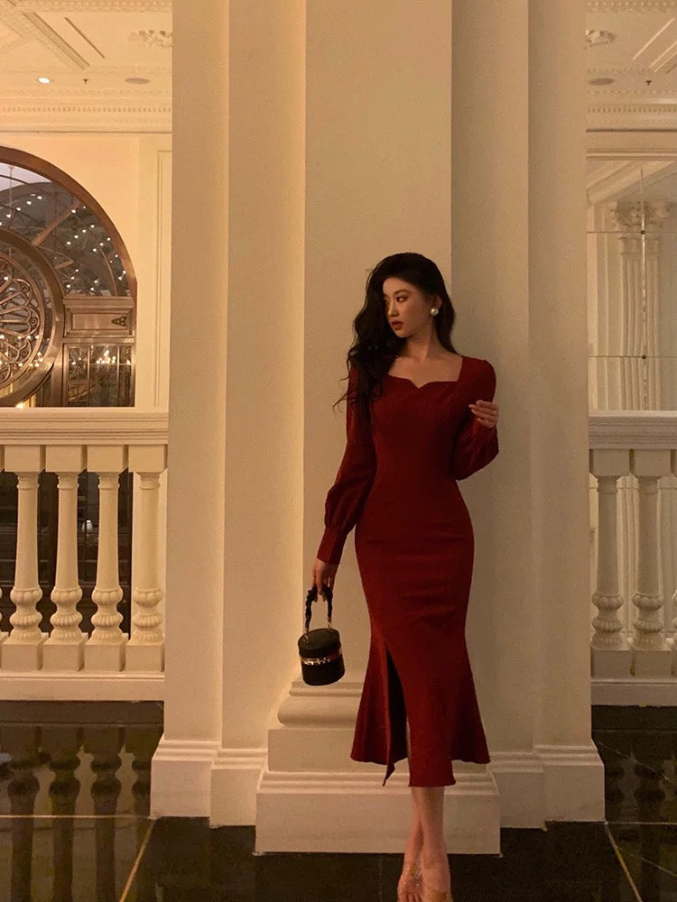 Sexy Sheath Square Neckline Red Date Night Dress Prom Dresses Birthday Outfit