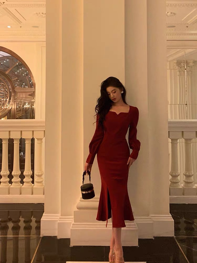 Sexy Sheath Square Neckline Red Date Night Dress Prom Dresses Birthday Outfit