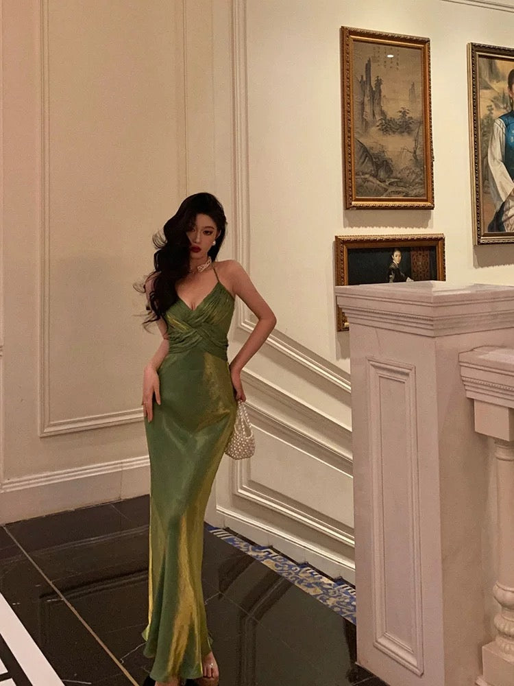 Sexy Sheath Halter Green Satin Date Night Dress Prom Dresses Birthday Outfits