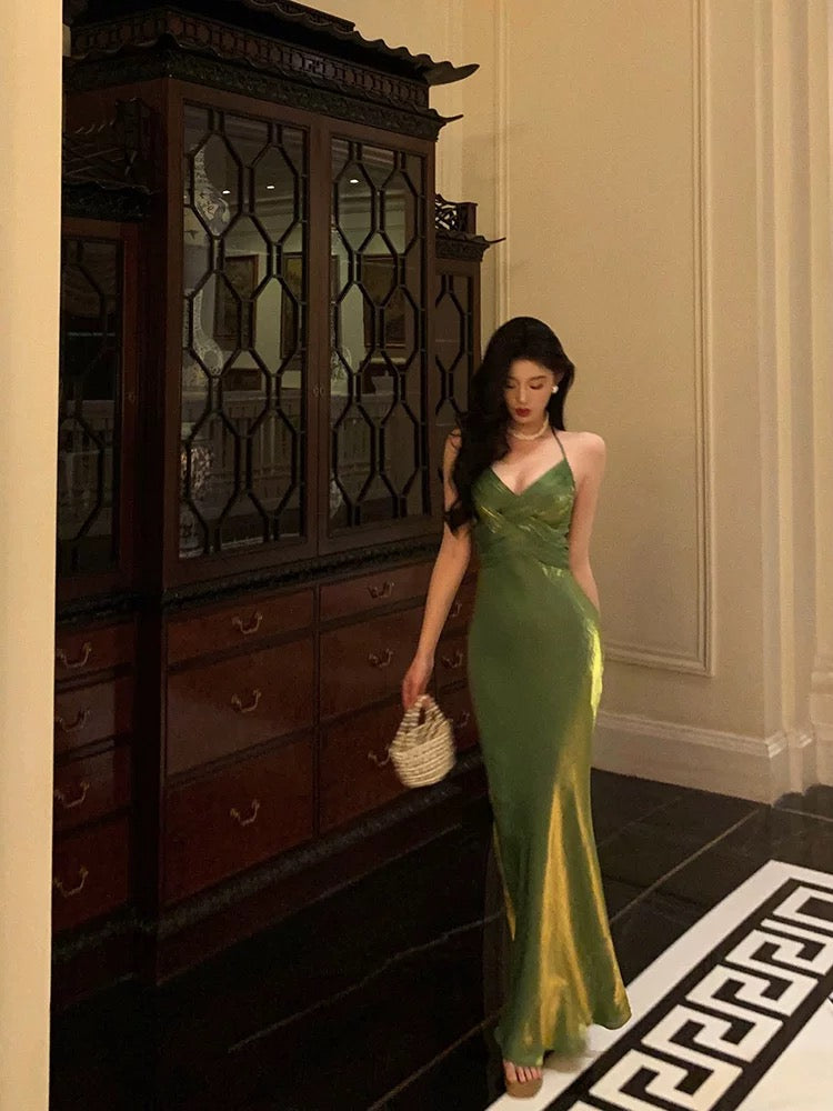 Sexy Sheath Halter Green Satin Date Night Dress Prom Dresses Birthday Outfits
