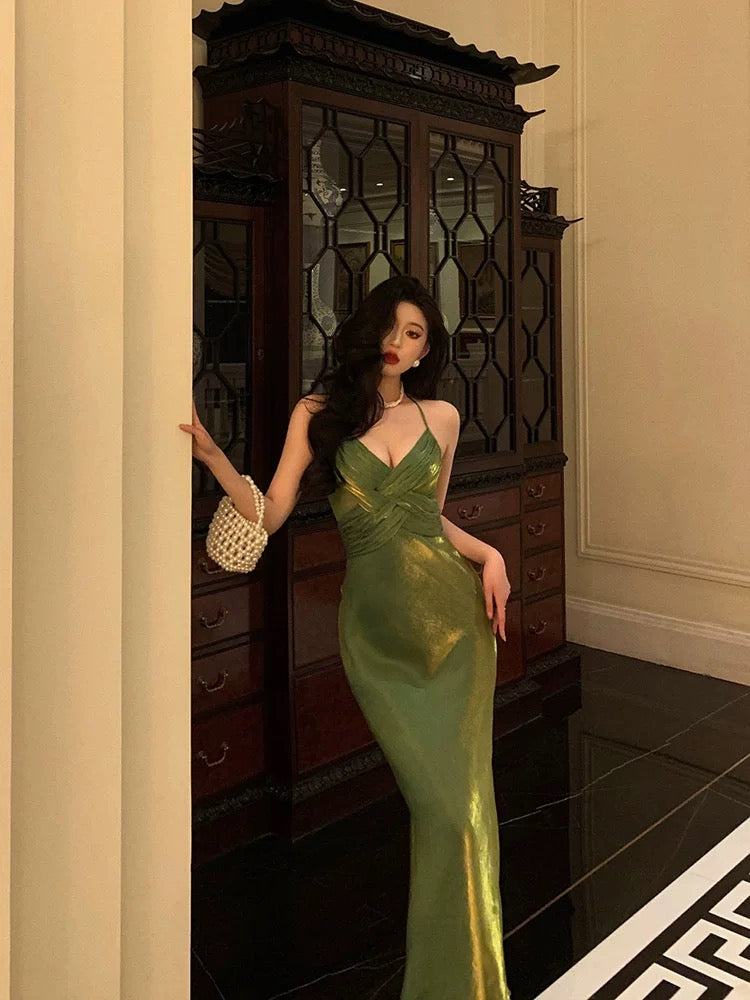 Sexy Sheath Halter Green Satin Date Night Dress Prom Dresses Birthday Outfits