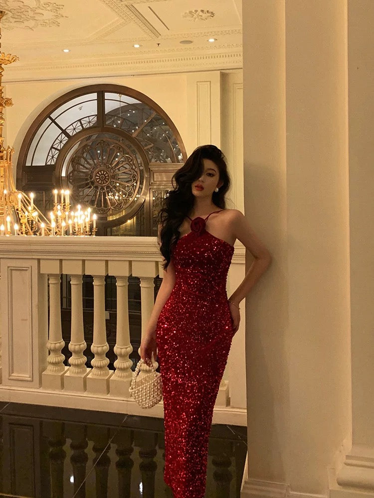 Sexy Sheath Halter Sleeveless Flower Sequin Date Night Dress Prom Dresses Birthday Outfits