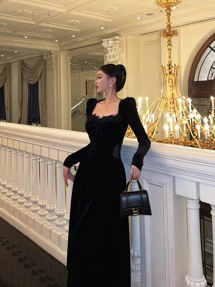 Sexy A line Square neckline Long Sleeves Velvet Lace Date Night Dress Prom Dresses Birthday Outfits