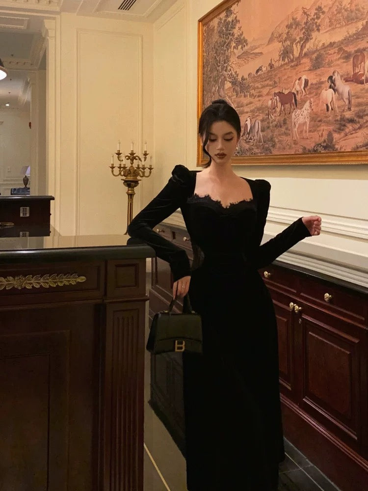 Sexy A line Square neckline Long Sleeves Velvet Lace Date Night Dress Prom Dresses Birthday Outfits