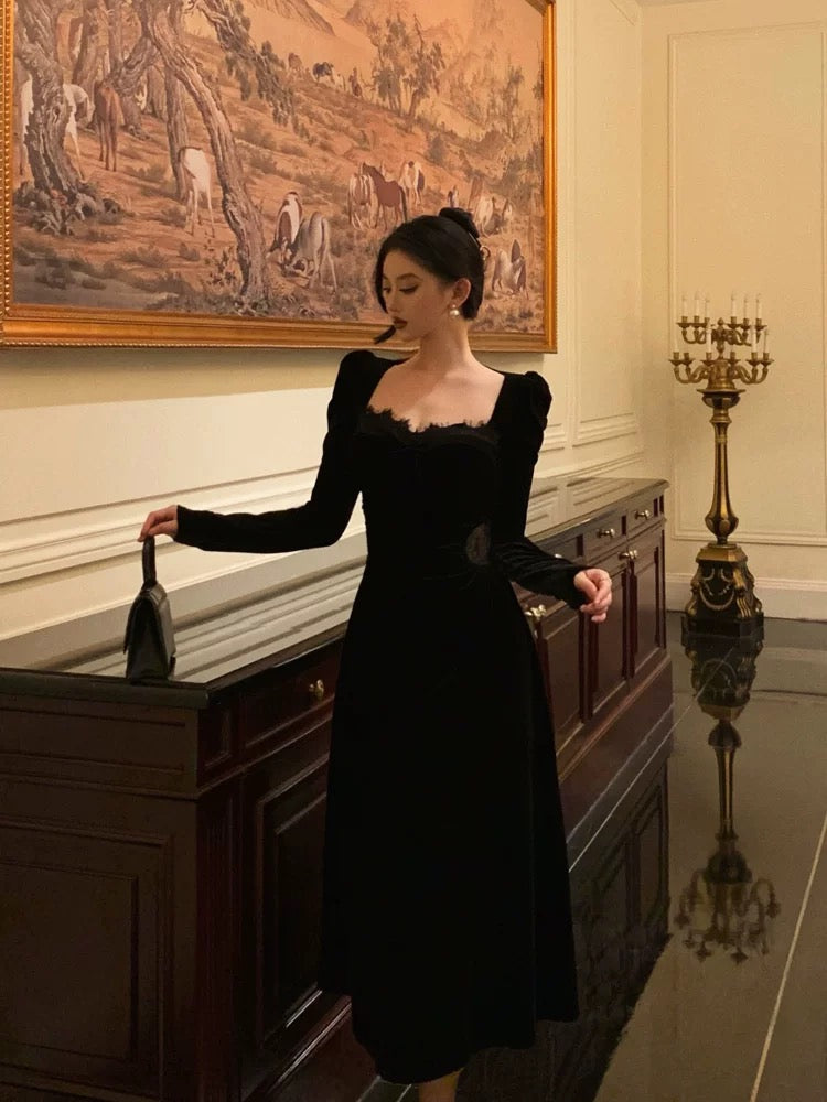 Sexy A line Square neckline Long Sleeves Velvet Lace Date Night Dress Prom Dresses Birthday Outfits