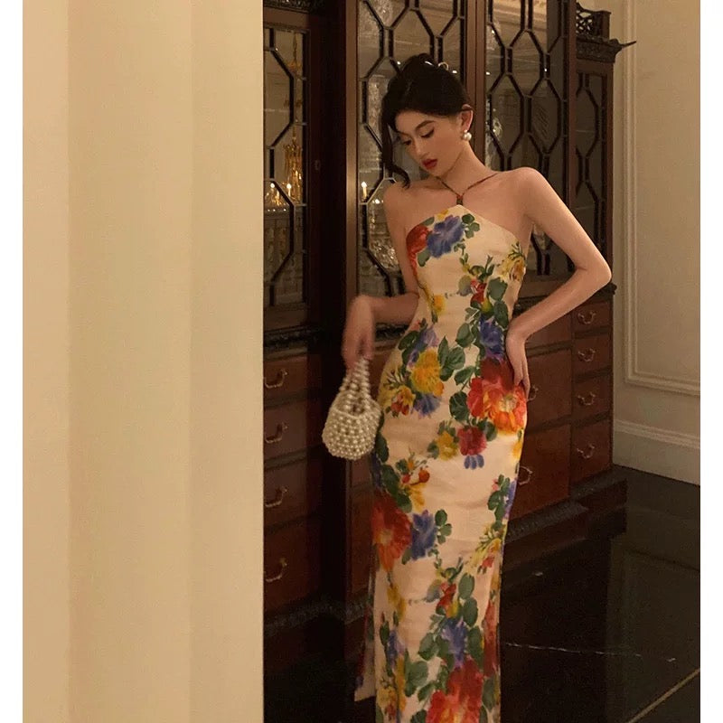 Stunning Sheath Halter Sleeveless Floral Date Night Dress Prom Dresses Birthday Outfit