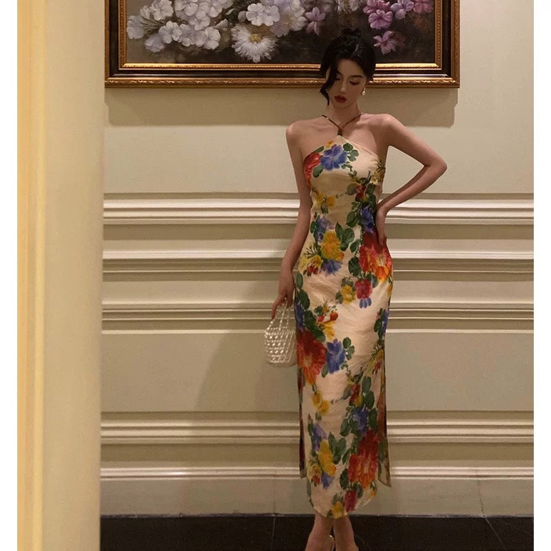 Stunning Sheath Halter Sleeveless Floral Date Night Dress Prom Dresses Birthday Outfit