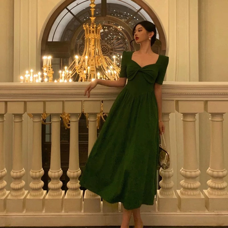 Stunning A Line Square Neckline Half Sleeves Dark Green Pleated Prom Dresses Birthday Outfit