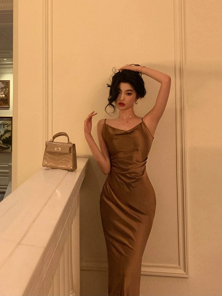 Sexy Sheath Spaghetti Straps Brown Satin Tea Length Slit Prom Dresses Birthday Outfit