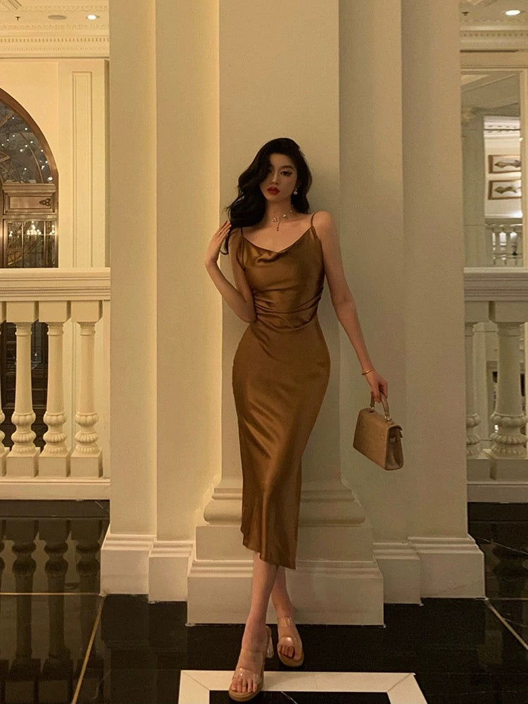 Sexy Sheath Spaghetti Straps Brown Satin Tea Length Slit Prom Dresses Birthday Outfit