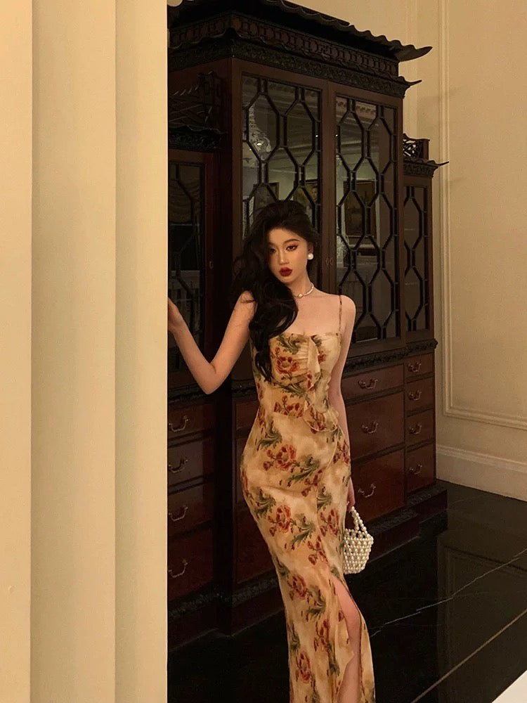 Sexy Mermaid Spaghetti Straps Floral Slit Long Prom Dresses Birthday Outfit