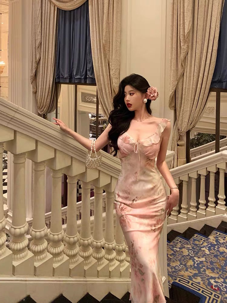 Gorgeous Sheath V Neckline Date Night Dress Floral Pink Prom Dresses Party Dress Birthday Outfits