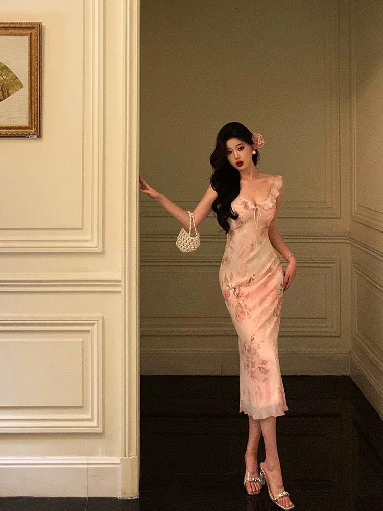 Gorgeous Sheath V Neckline Date Night Dress Floral Pink Prom Dresses Party Dress Birthday Outfits