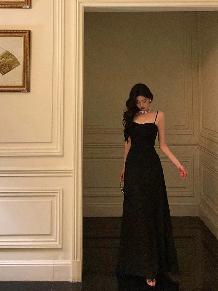 French A line Spaghetti Straps Black Long Lace Prom Dresses Birthday Outfits Evening Gown