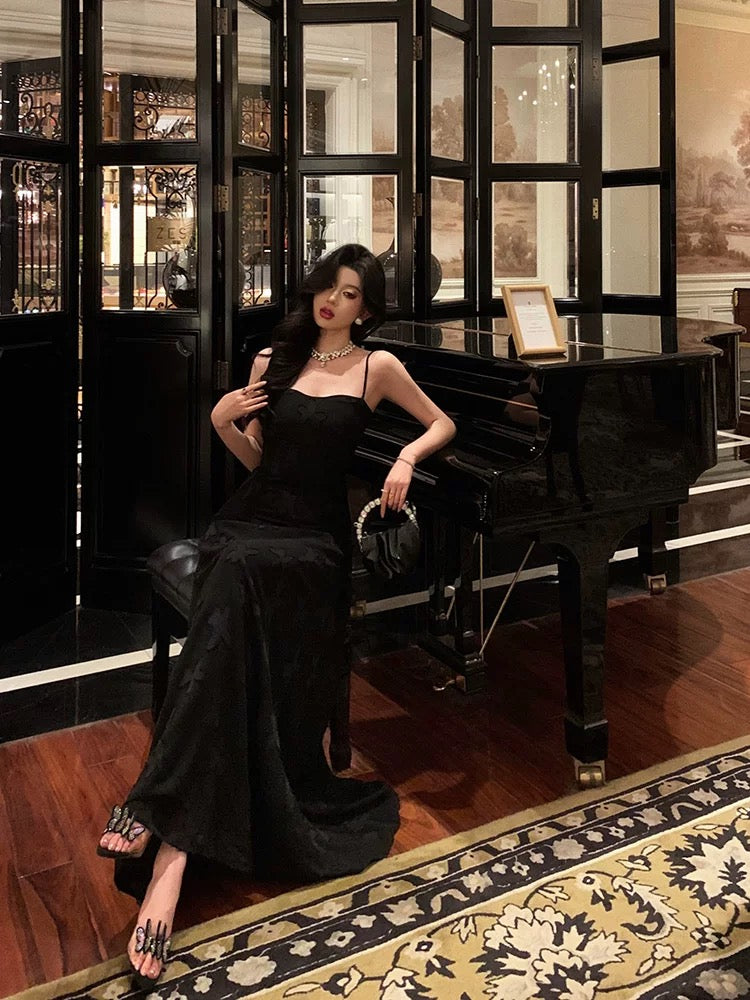 French A line Spaghetti Straps Black Long Lace Prom Dresses Birthday Outfits Evening Gown