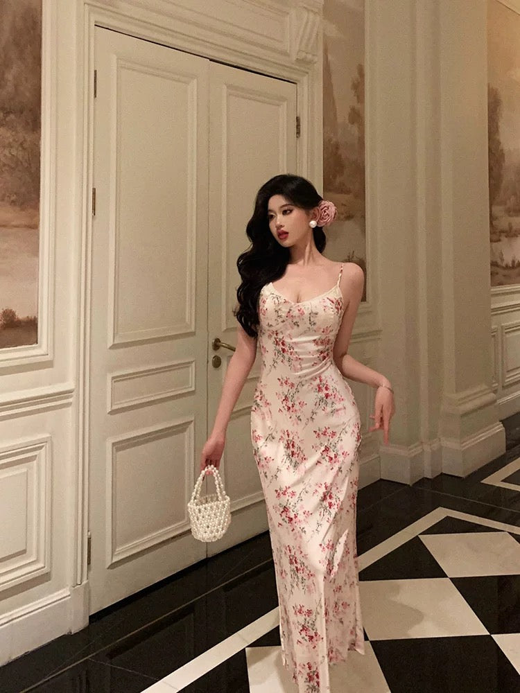 French Sheath Spaghetti Straps Pink Floral Prom Dresses Birthday Outfits Evening Gown