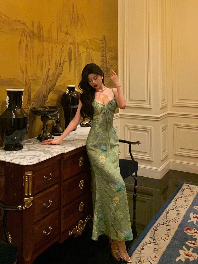 Stunning Sheath Spaghetti Straps Green Satin Date Night Dress Prom Dresses Birthday Outfit