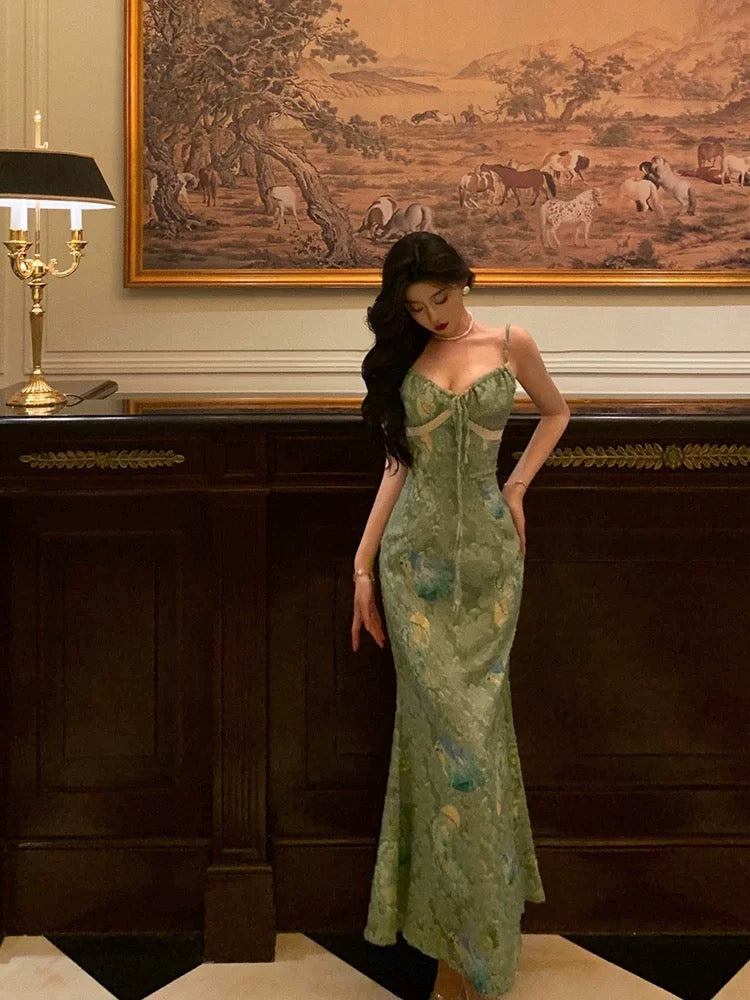 Stunning Sheath Spaghetti Straps Green Satin Date Night Dress Prom Dresses Birthday Outfit