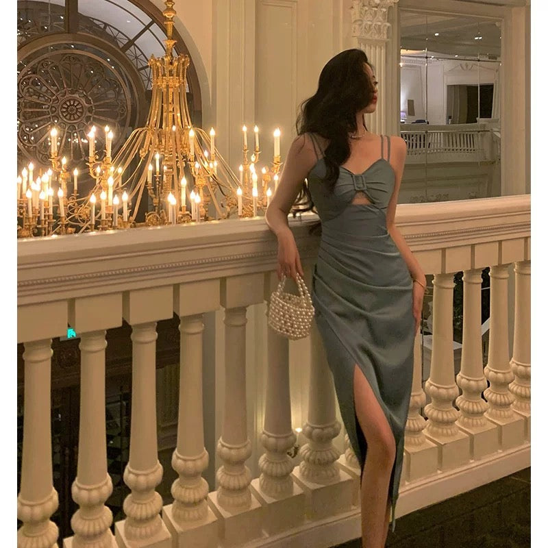 Stunning Sheath Spaghetti Straps Dusty Blue Date Night Dress Prom Dresses Birthday Outfit