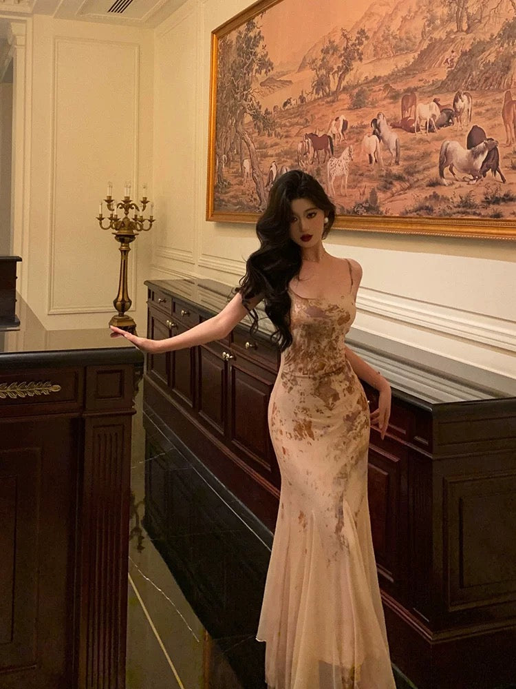 Stunning Mermaid Spaghetti Straps Champagne Floral Date Night Dress Prom Dresses Birthday Outfit