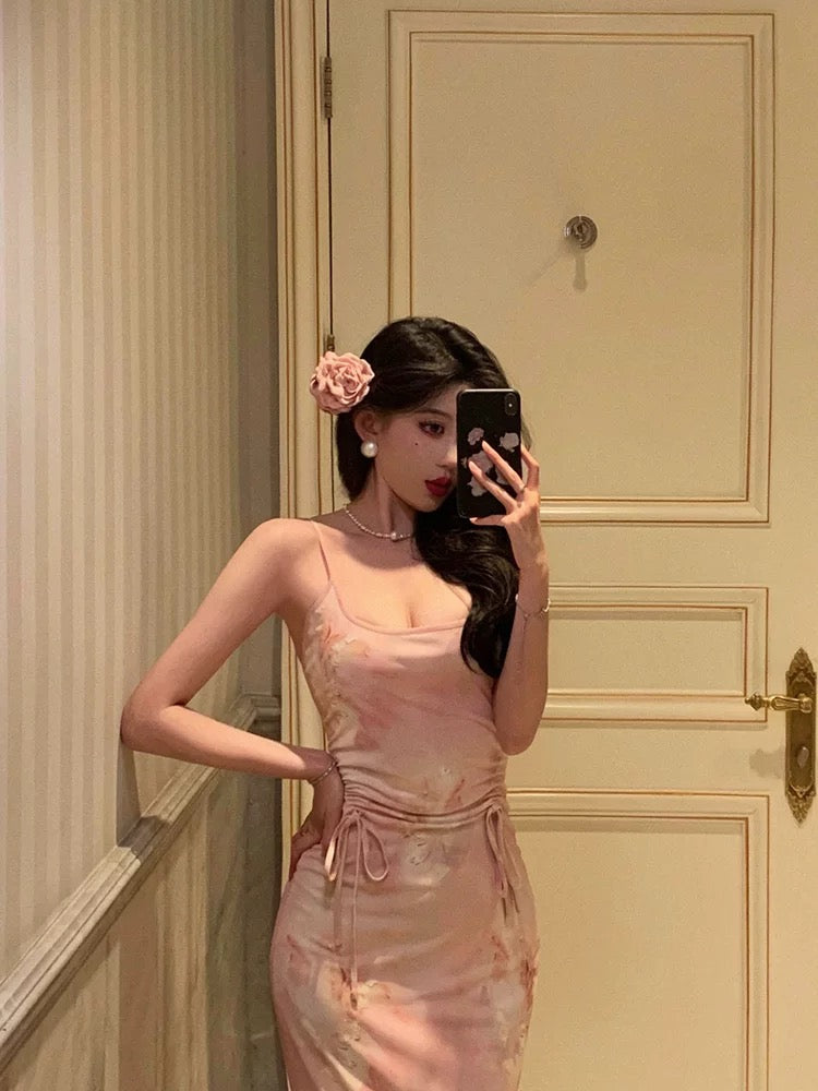 Stunning Sheath Spaghetti Straps Pink Floral Date Night Dress Prom Dresses Birthday Outfit