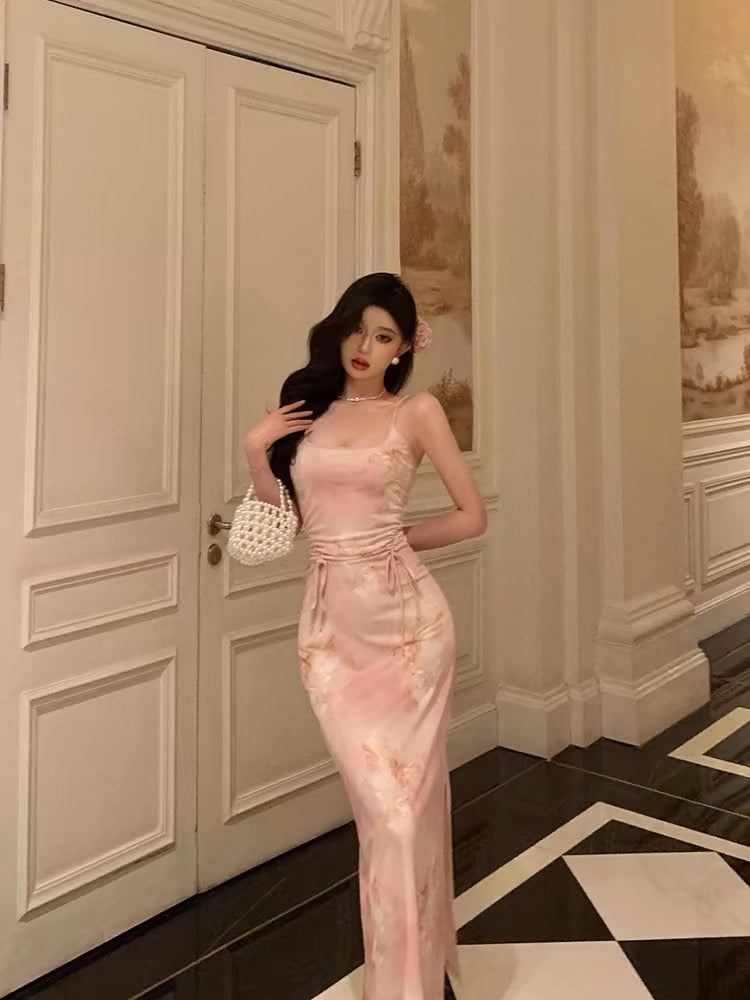 Stunning Sheath Spaghetti Straps Pink Floral Date Night Dress Prom Dresses Birthday Outfit