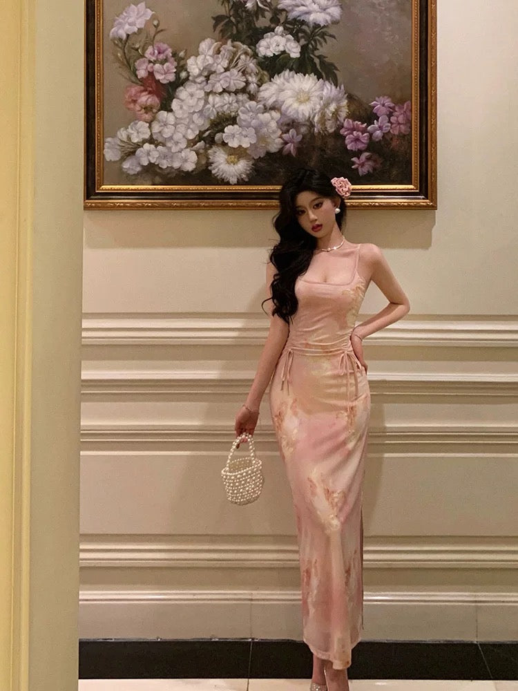 Stunning Sheath Spaghetti Straps Pink Floral Date Night Dress Prom Dresses Birthday Outfit