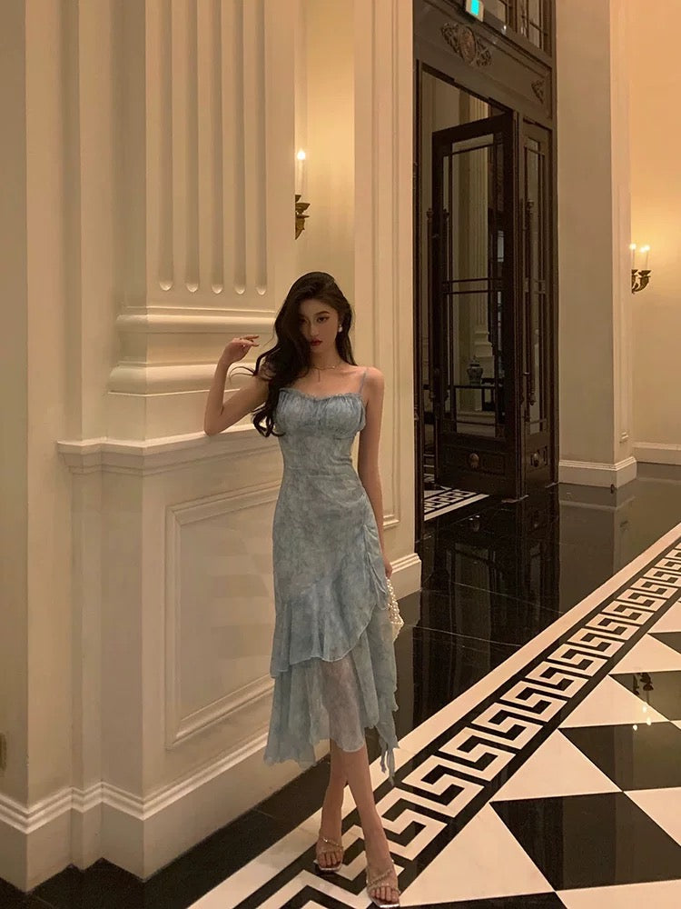 Stunning Sheath Spaghetti Straps Blue Chiffon Ruffles Date Night Dress Prom Dresses Birthday Outfit