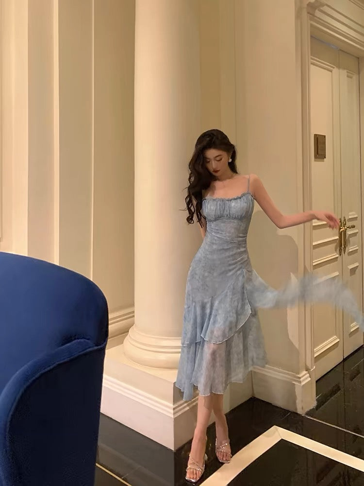 Stunning Sheath Spaghetti Straps Blue Chiffon Ruffles Date Night Dress Prom Dresses Birthday Outfit