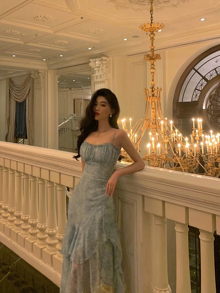 Stunning Sheath Spaghetti Straps Blue Chiffon Ruffles Date Night Dress Prom Dresses Birthday Outfit
