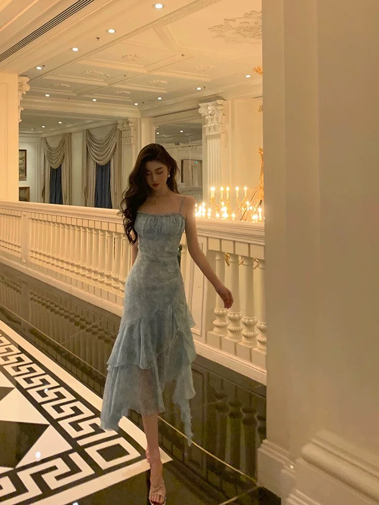 Stunning Sheath Spaghetti Straps Blue Chiffon Ruffles Date Night Dress Prom Dresses Birthday Outfit