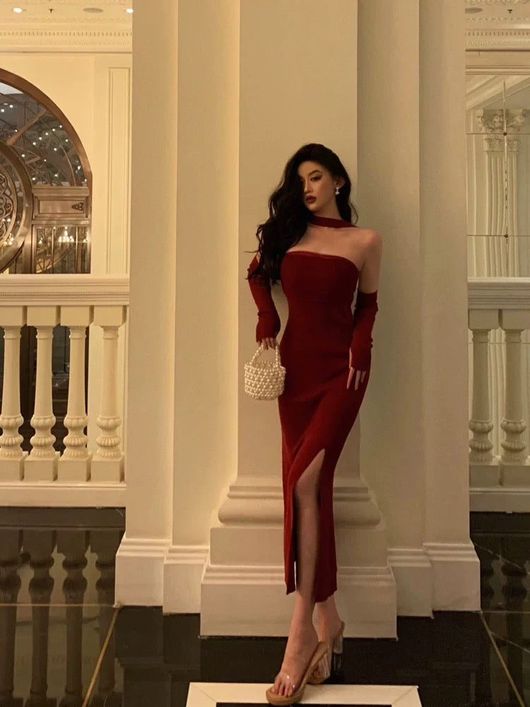 Gorgeous Sheath Strapless Burgundy Date Night Dress Tulle Prom Dresses With Gloves Party Dress Birthday Outfits