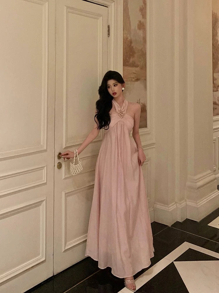 Stunning A Line Halter Neckline Long Date Night Dress Pink Prom Dresses Birthday Outfit