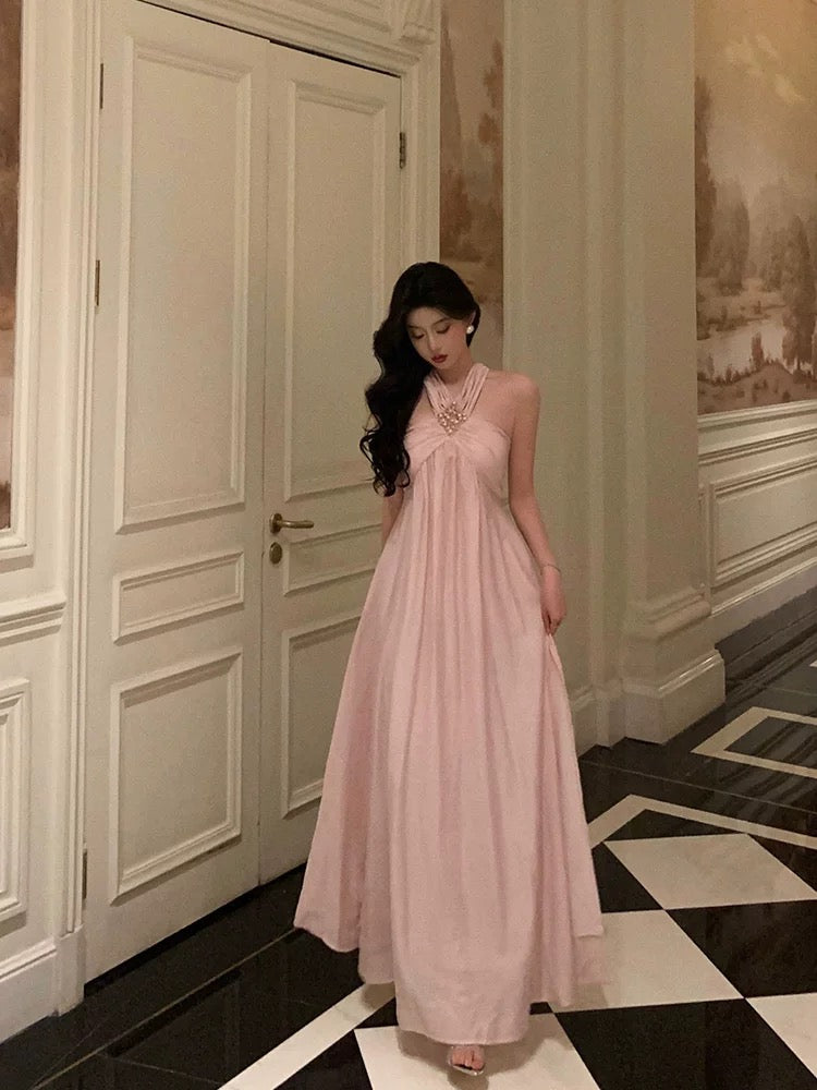 Stunning A Line Halter Neckline Long Date Night Dress Pink Prom Dresses Birthday Outfit