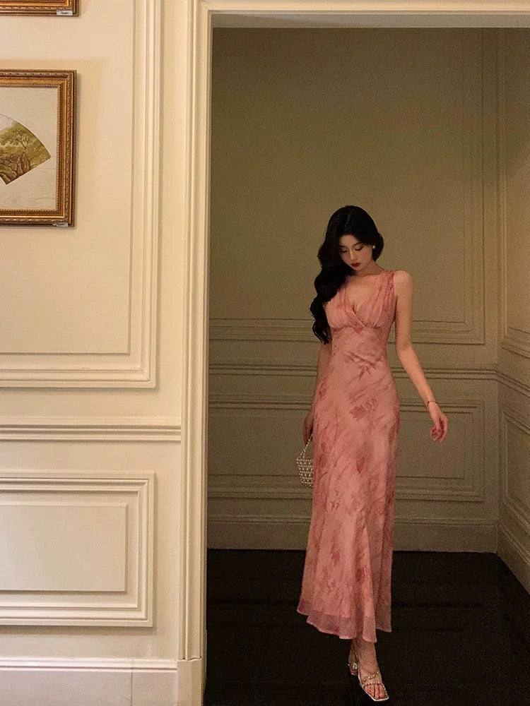 Stunning A Line V neckline Long Date Night Dress Pink Prom Dresses Birthday Outfit