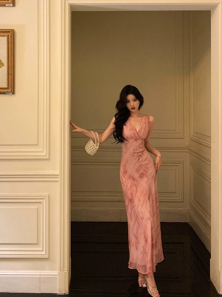 Stunning A Line V neckline Long Date Night Dress Pink Prom Dresses Birthday Outfit