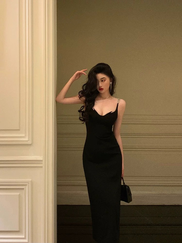 Gorgeous Sheath Spaghetti Straps Black Date Night Dress Prom Dresses Party Dress Birthday Outfits