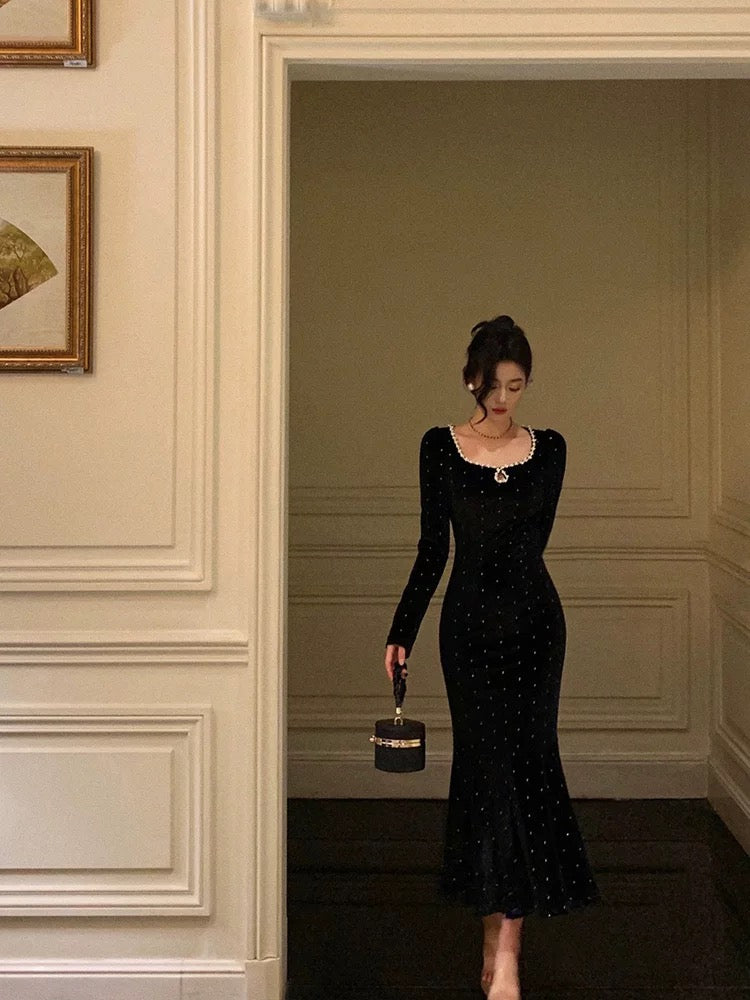Classy Mermaid Square Neckline Long Sleeves Black Velvet Prom Dresses Birthday Outfits