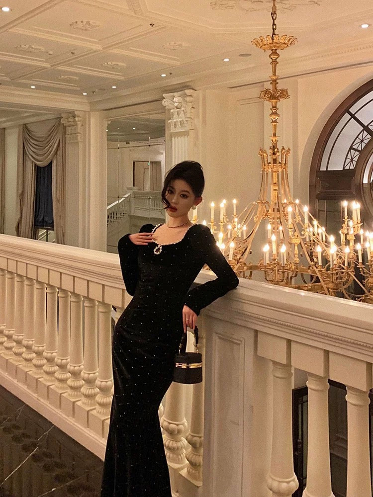 Classy Mermaid Square Neckline Long Sleeves Black Velvet Prom Dresses Birthday Outfits