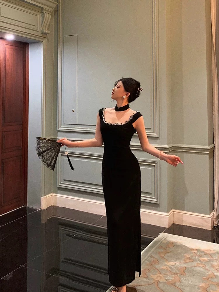 Classy Sheath Square Neckline Sleeveless Black Slit Prom Dresses Birthday Outfits