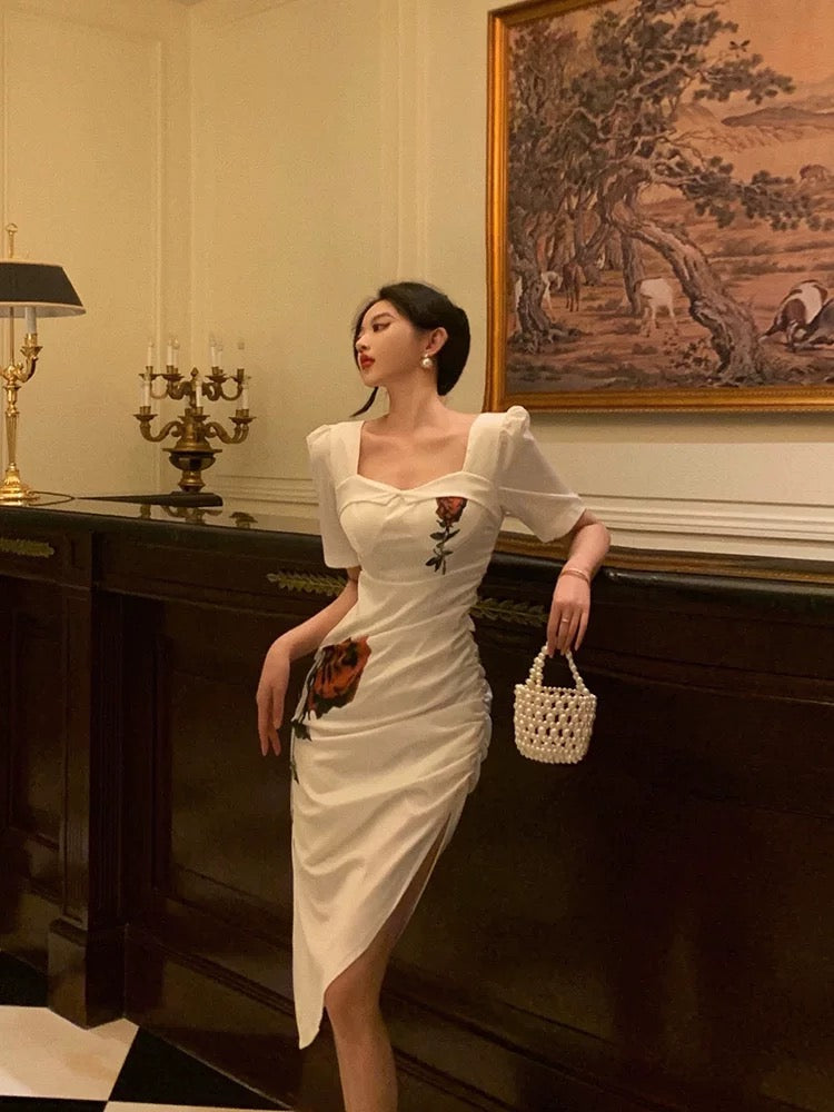 Stunning Sheath Square Neckline Short Sleeves Date Night Dress White Prom Dresses Birthday Outfit