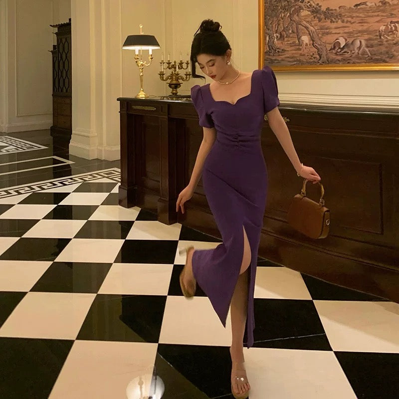 Stunning Sheath Square Neckline Short Sleeves Date Night Dress Grape Prom Dresses Birthday Outfit