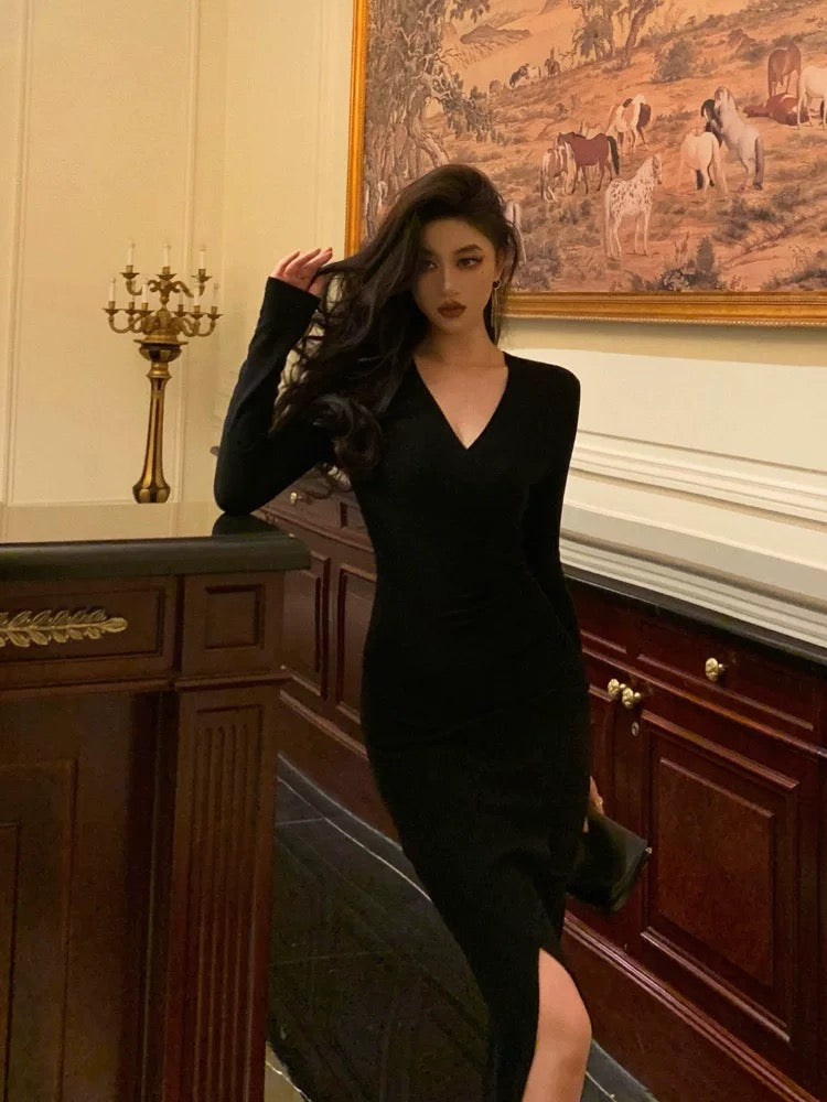 Sexy Sheath V Neckline Long Sleeves Black Slit Prom Dresses Birthday Outfits