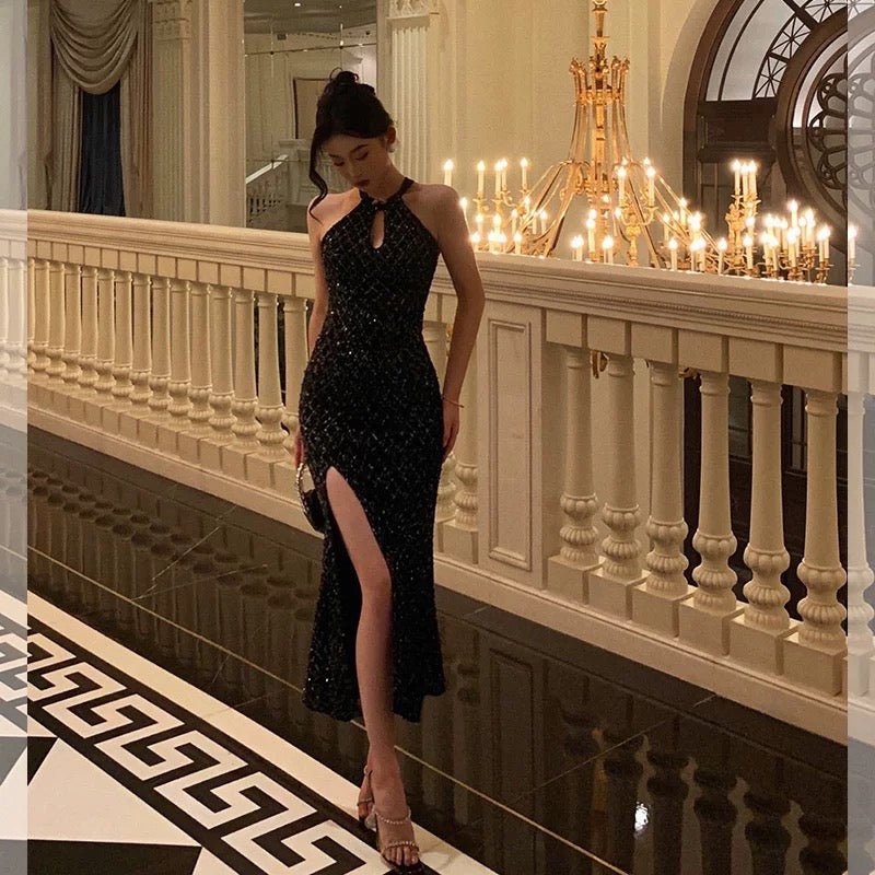 Classy Sheath Halter Sleeveless Black Sequin Prom Dresses Birthday Outfits